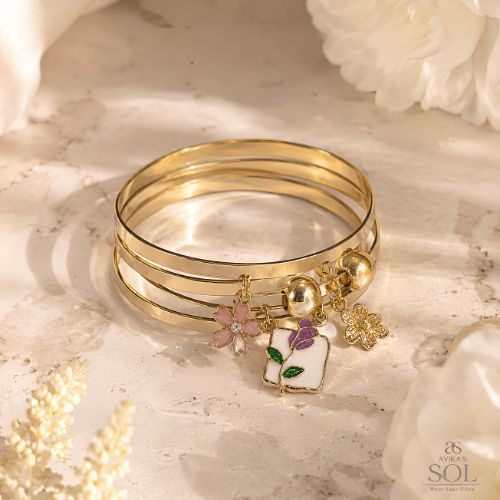 Golden Bloom Charm Bangle Set